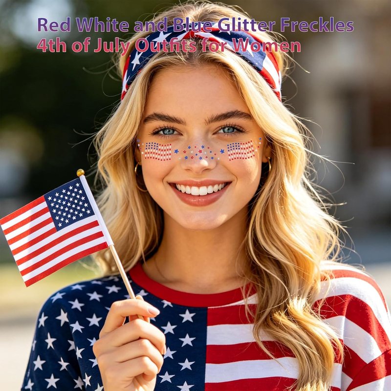 Red White and Blue Glitter Freckles Face Tattoos - Patriotic American Flag Design | 4th of July Makeup Stickers, 6 Pcs
