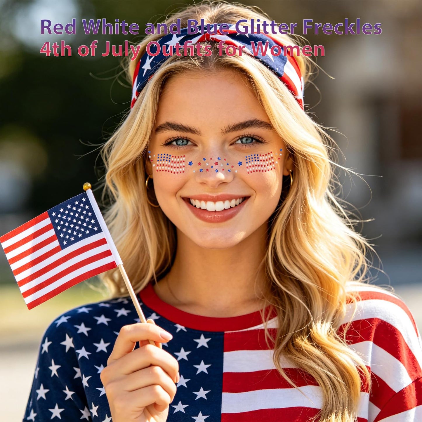 Mysense Red White and Blue Glitter Freckles Face Tattoo with American Flag & Star Design,4th of July Outfits for Women Kids,Patriotic USA Accessories Independence Day Makeup Stickers,6Pcs