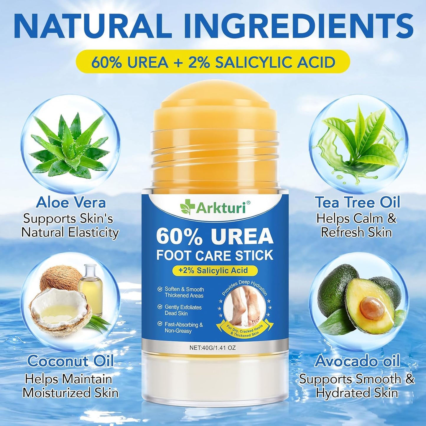 Urea Foot Care Stick with 2% Salicylic Acid | Intensive Moisturizing Cream for Dry, Cracked Feet - 1.41 oz