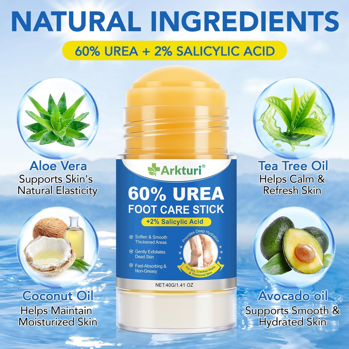 Urea Cream 60% with Salicylic Acid 2% Urea Foot Care Stick, Foot Cream for Dry Cracked Feet, Heels, Knees, Hands, Elbows, Feet Moisturizer Stick for Callus Remover & Skin Softener (40g (Pack of 2))