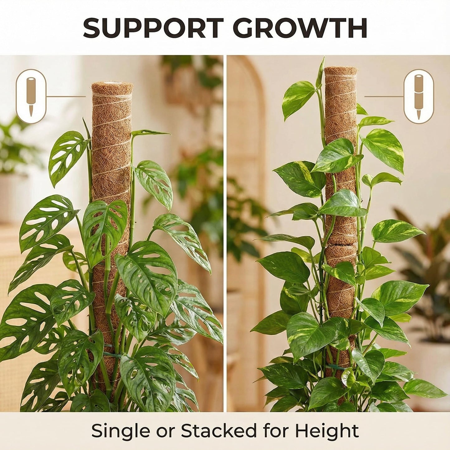 Woven Grass Columns for Climbing Plants - 2 Sets. Stackable Plant Support Columns, Made of Coconut Fiber, Suitable for Large-leaved Wisteria, Spider Plant and Indoor Potted Plants.