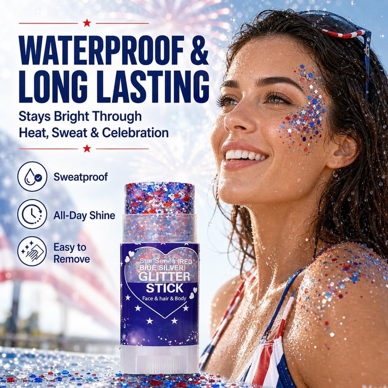 Patriotic Hair Glitter Stick - Red, White & Blue Face & Body Glitter for 4th of July | Waterproof Makeup for Independence Day Celebrations