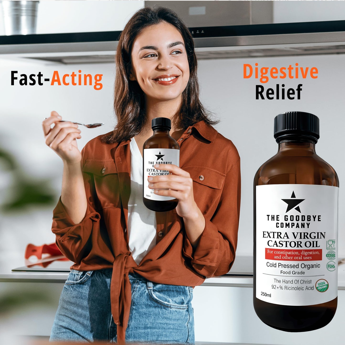 The Goodbye Company Extra Virgin Castor Oil 250ml, USDA Organic, Cold Pressed, Food Grade, Hexane-Free, Supports Digestive Wellness, Hair Growth, Eyelashes, Brows And Skin