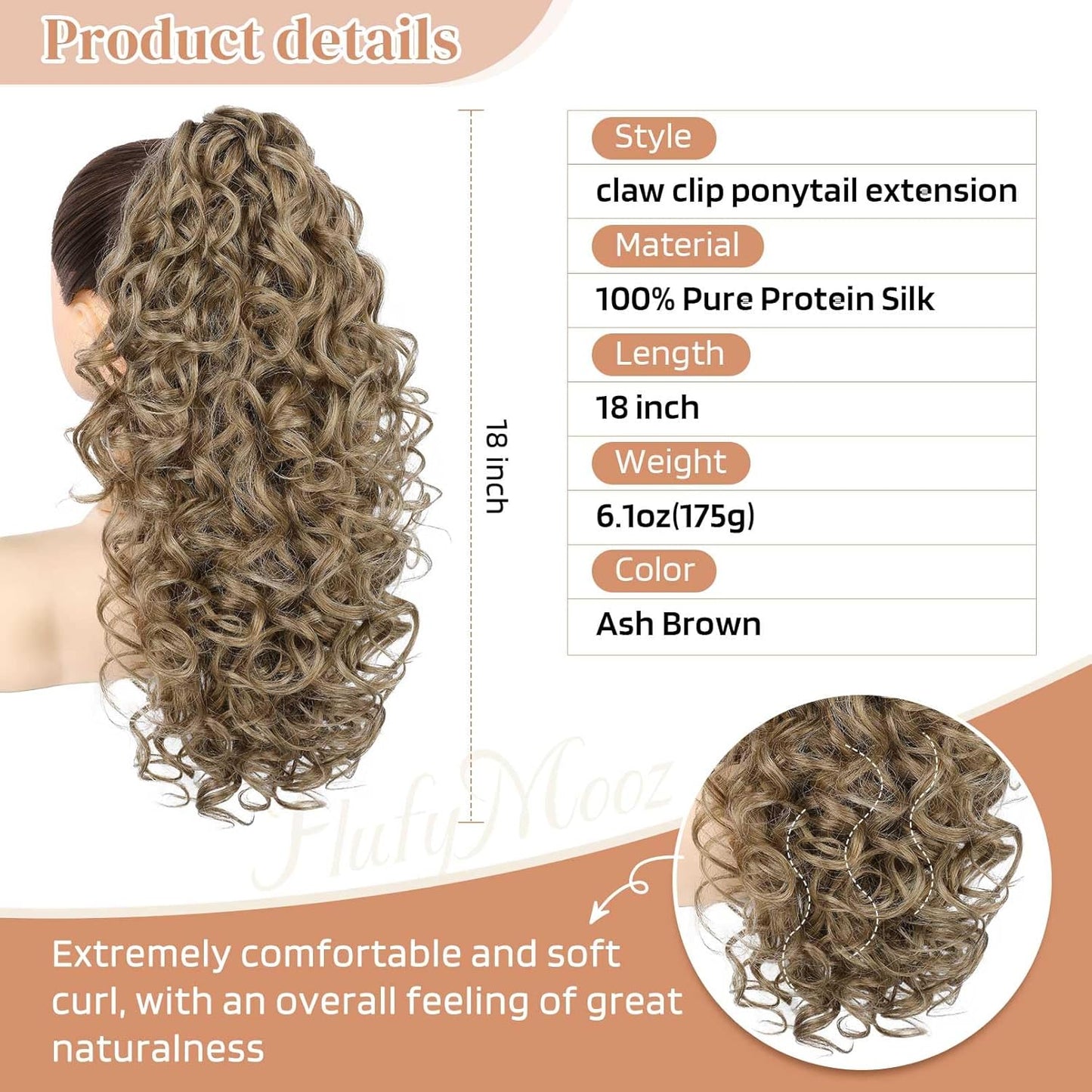 100% Pure Protein Ponytail Extension - 18 Inch Curly Claw Clip Hairpiece | Natural Soft Ash Brown