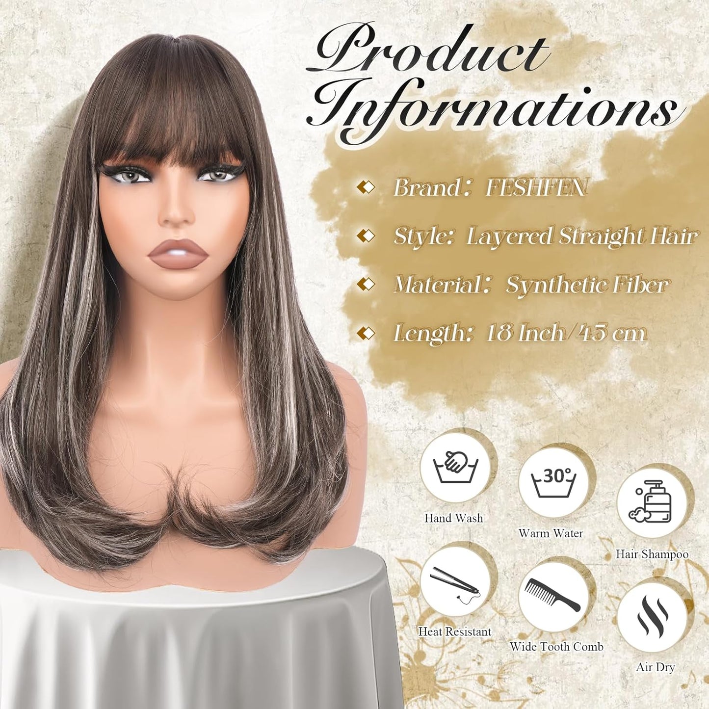 Long Wigs with Bangs - Synthetic Layered Straight Hair Wig for Women | 18 Inch Brown Mixed Grey Highlights