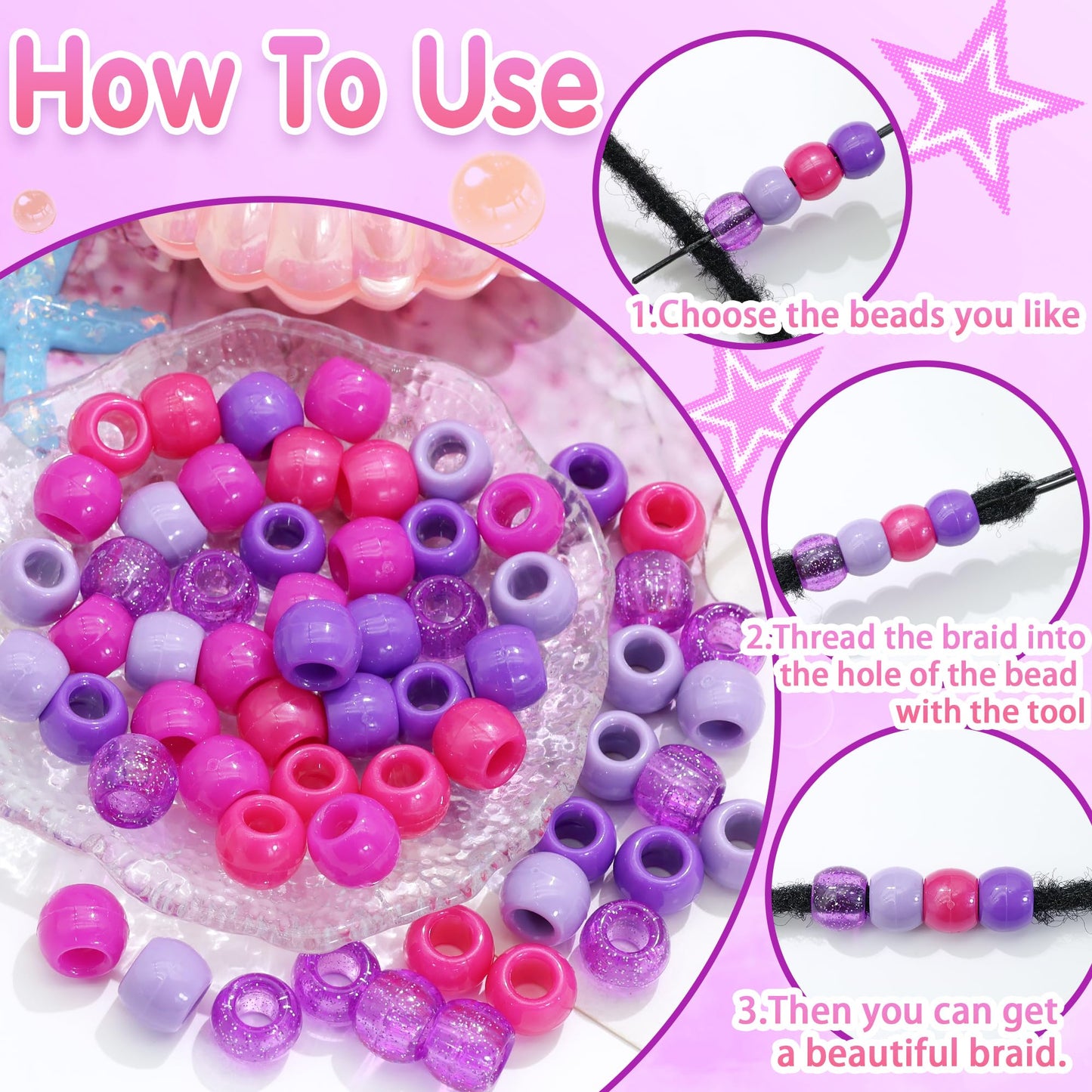 NAISKA 60PCS Purple Beads for Hair Clear Sparkle Braid Bead 5 Colors Gradient Dreadlock Beads Large Hole Bead Braids Accessories for Kids Girls