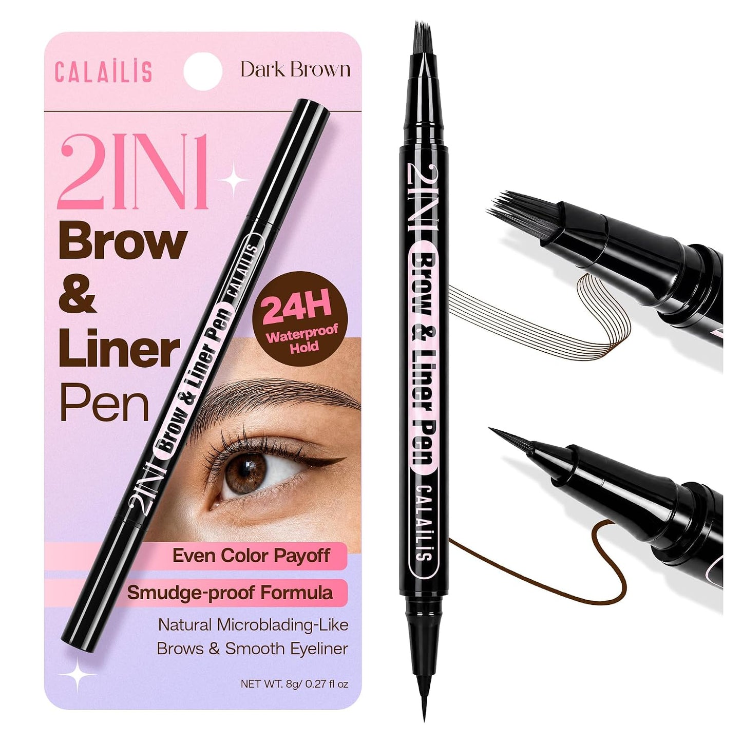 Eyebrow Pencils for Women - 2-in-1 Microblading & Brush-Tip Dual-Ended Liquid, Waterproof for Natural Hair-Like Brows | Light Brown