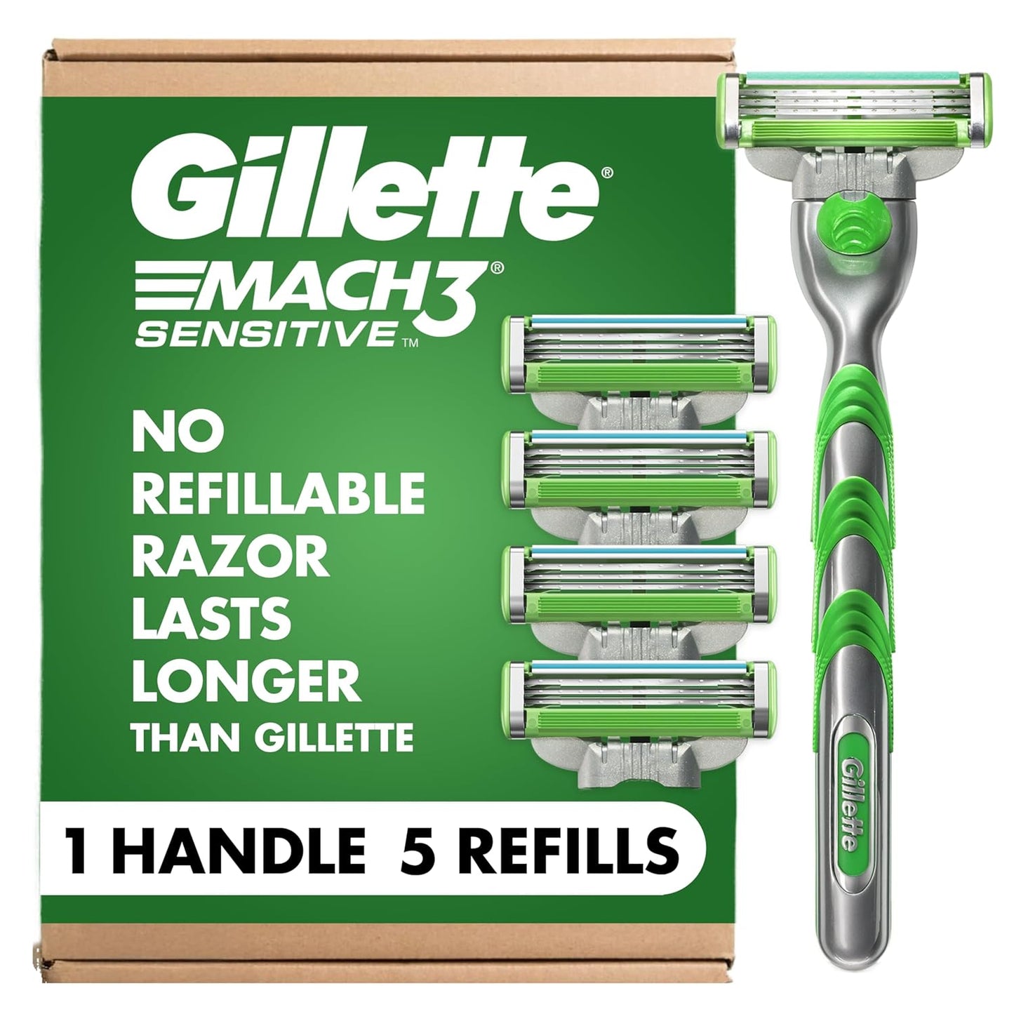 Gillette Mach3 Sensitive Shaving Razor - 1 Handle & 5 Blade Refills for Sensitive Skin