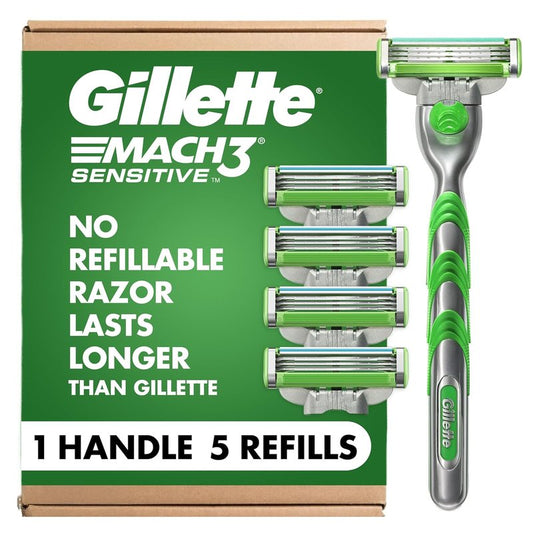 Gillette Mach3 Sensitive Shaving Razor - 1 Handle & 5 Blade Refills for Sensitive Skin