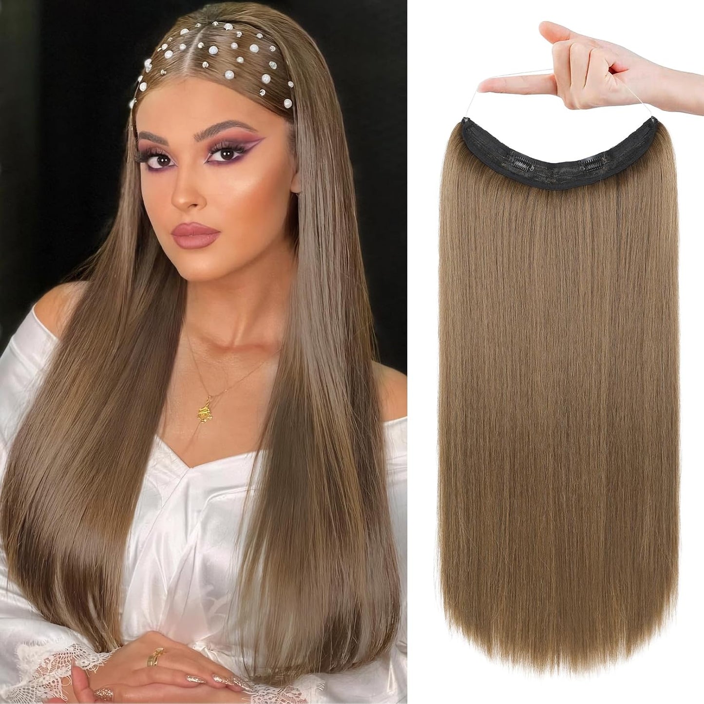 Invisible Wire Hair Extensions - Adjustable Transparent Headband | 24 Inch Dark Blonde Secret Hairpiece for Women