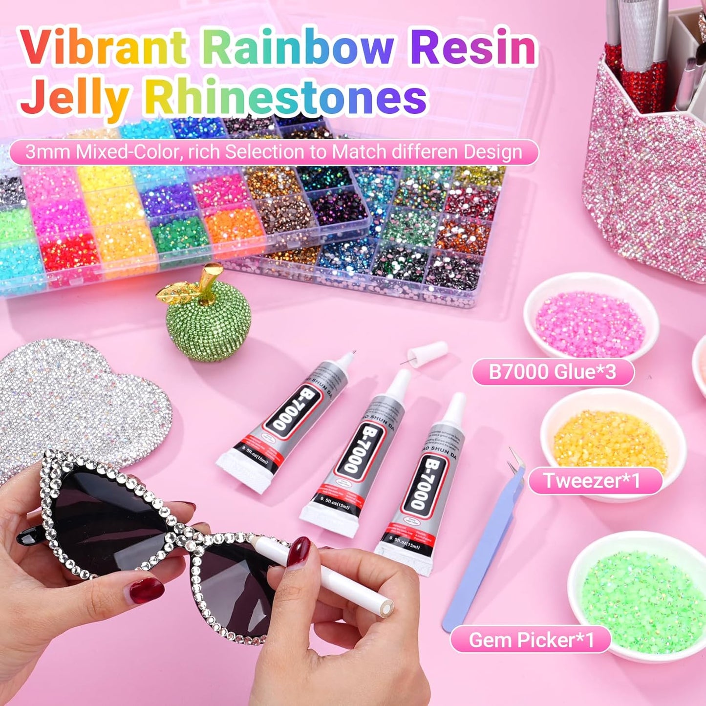 Jelly Rhinestones - 61000 Pcs Multicolor 3mm Flatback Gems for Crafting | Includes 3 Pcs B7000 Jewelry Glue