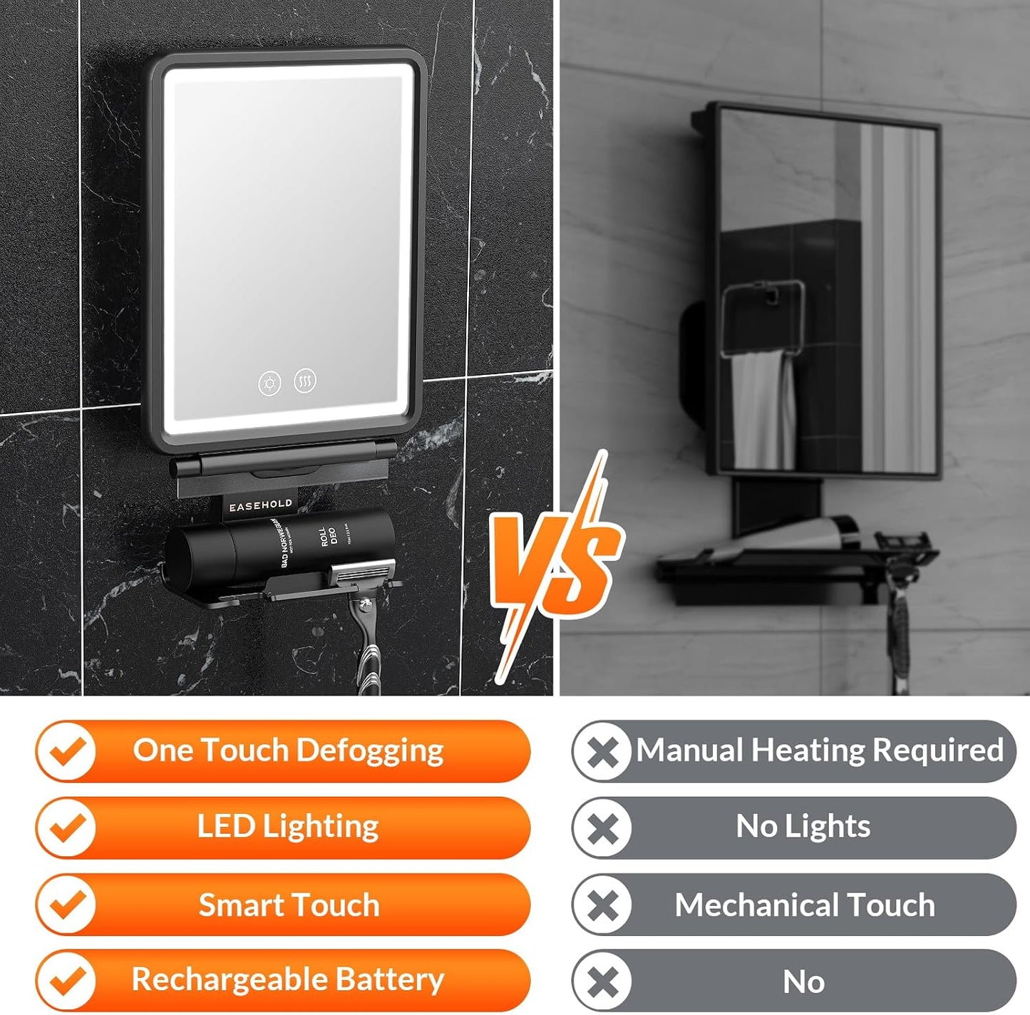 Fogless Shower Mirror for Shaving - Heated LED with 3 Color Lights | Adjustable Anti-Fog Holder & Storage Tray