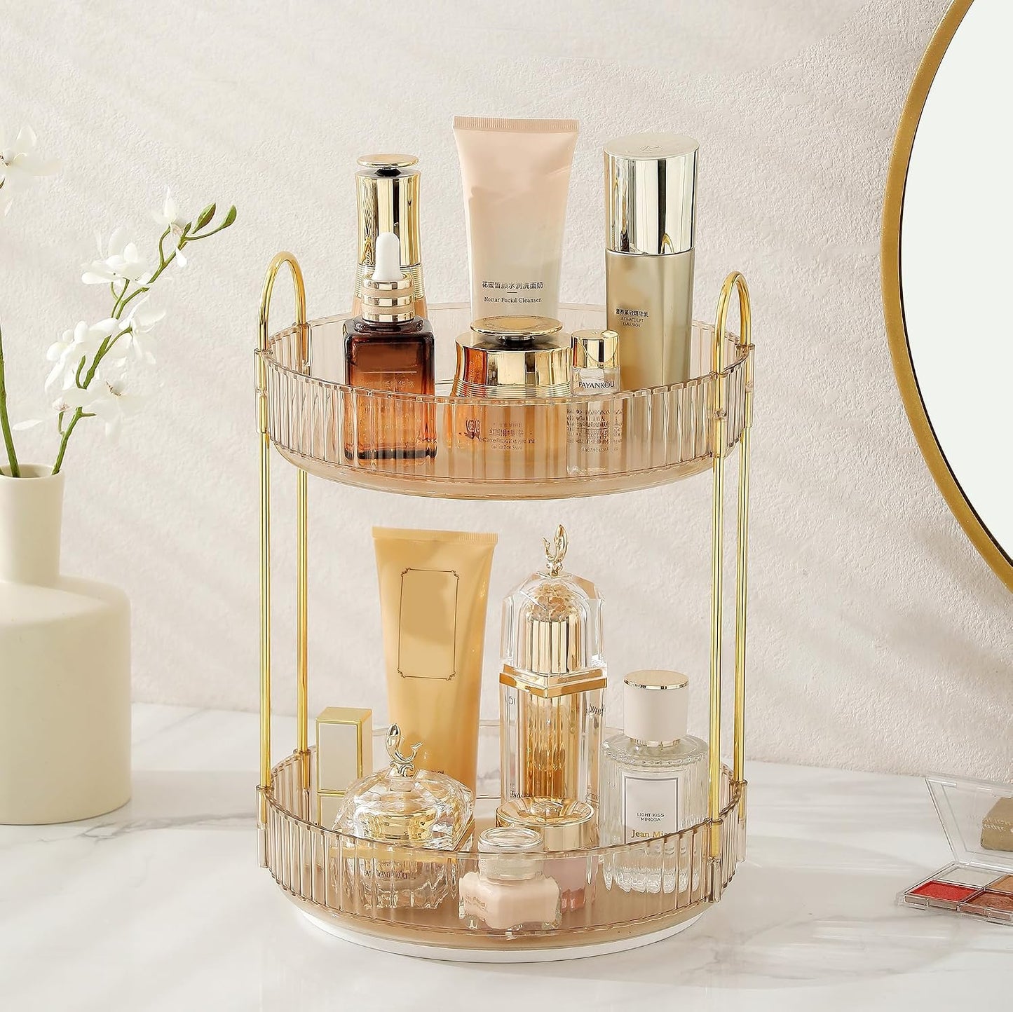 Rotating Makeup Organizer - 3 Tier Clear Cosmetic Holder for Vanity | Grey Perfume & Skincare Storage