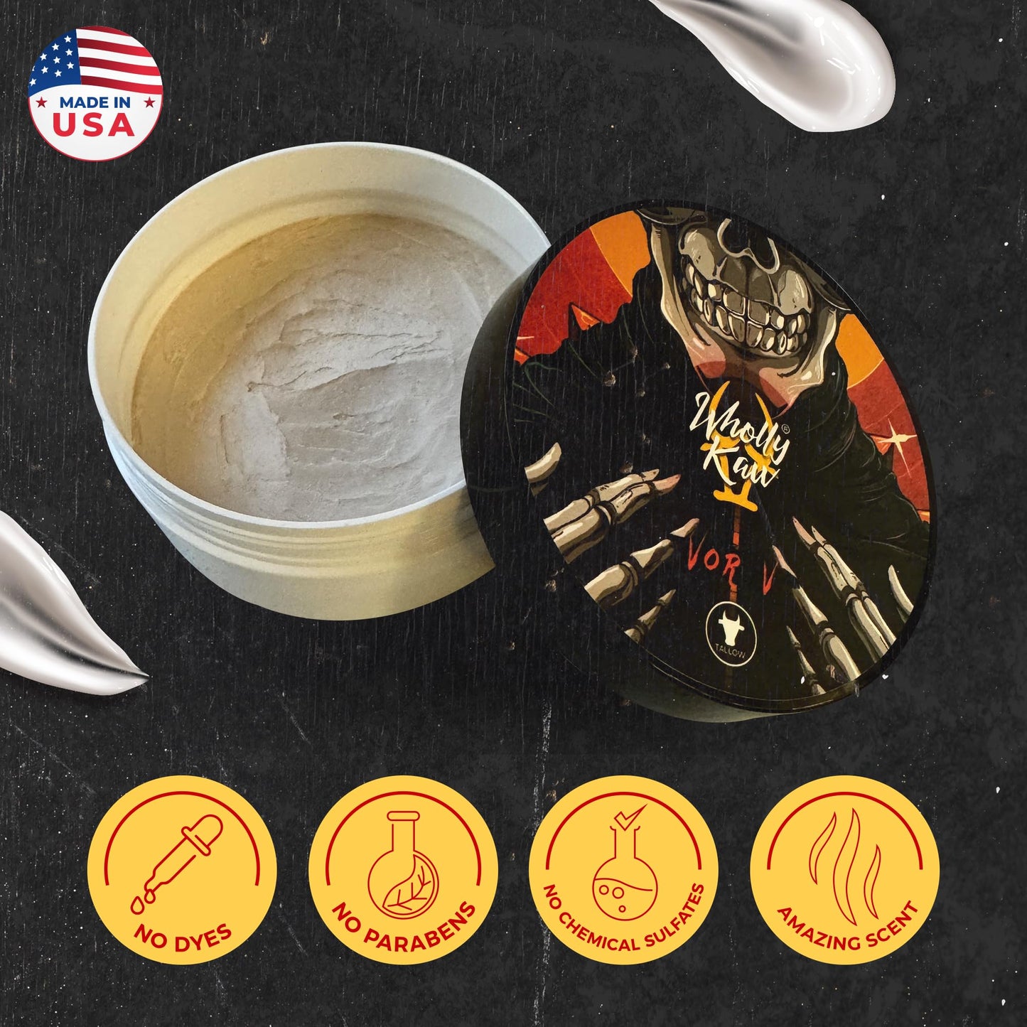 Vor V Tallow Shaving Soap. Enriched with Donkey Milk, Water Buffalo Milk, Whey Proteins, Omega 3, Omega 6, Hops Extract. Scent of Leather, Raspberry, Geranium, Vanilla, Cashmeran