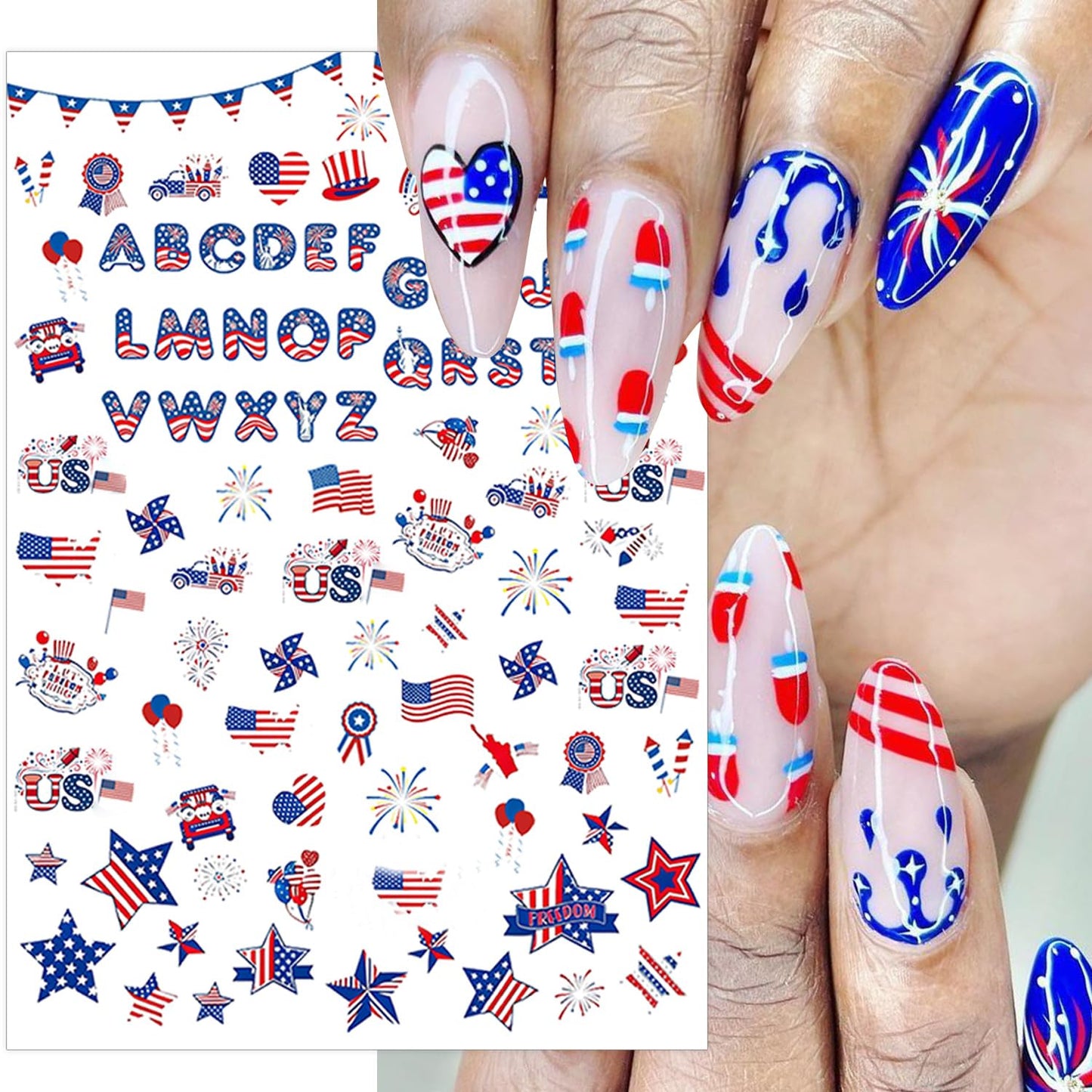6 Sheets 4th of July Nail Stickers for Nail Art 3D Self-Adhesive Independence Day Nail Decals American Flag Stars Letters USA Nail Art Stickers Fourth of July Nail Design Nail Art Supplies for Women
