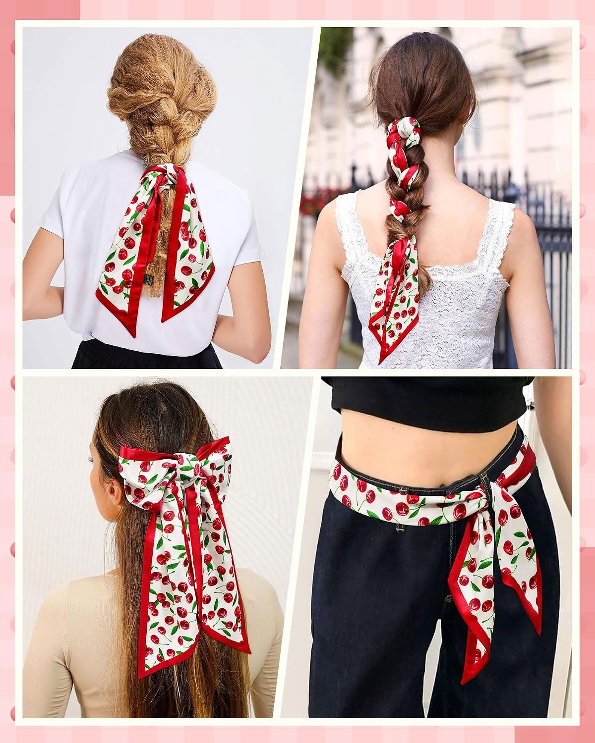 Cherry Head Scarf for Women - Long Thin Satin Hair & Neck Wrap | Fashion Accessory