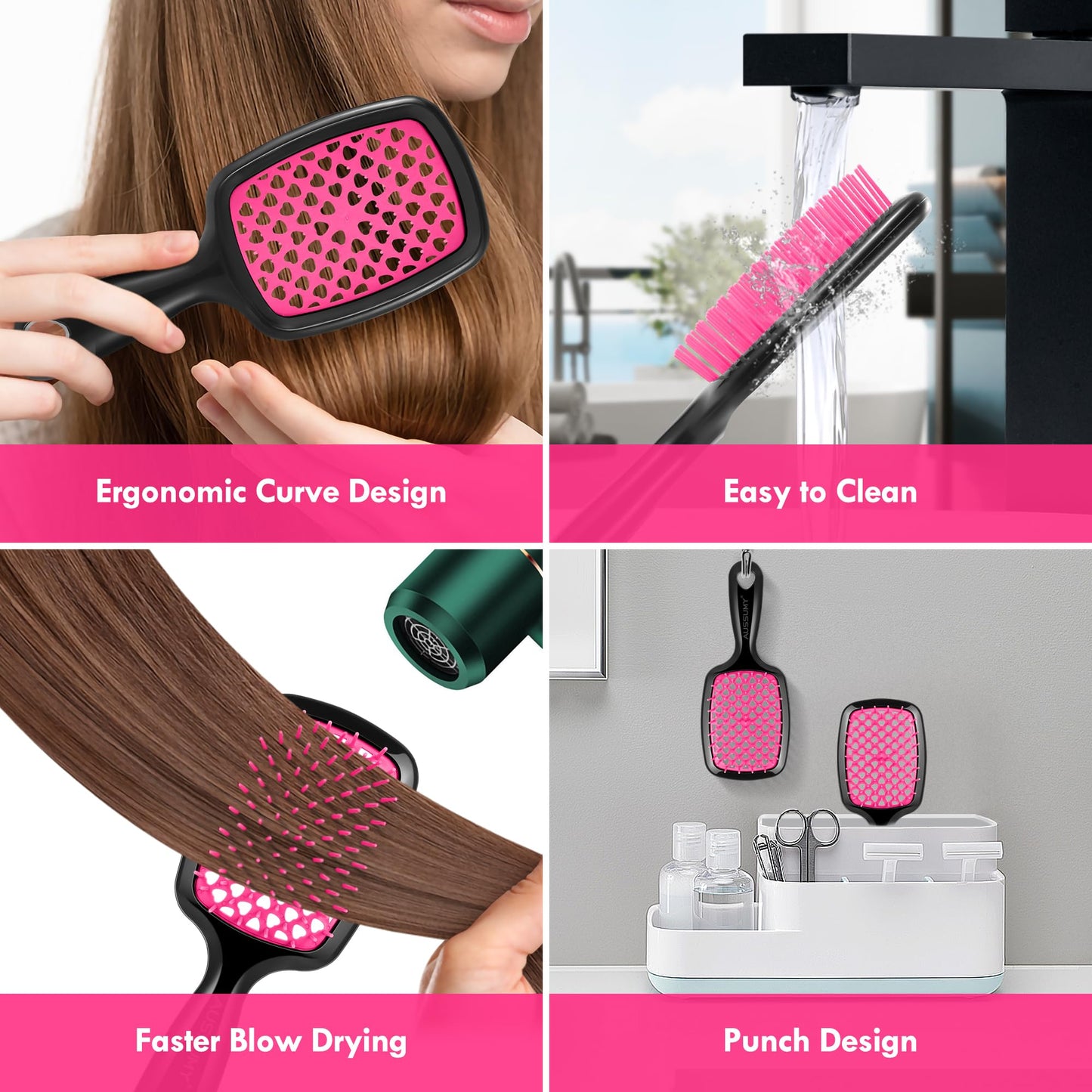 Aussumy 4 Pack Vented Detangling Hair Brush - Detangler Hairbrush with Soft Bristles for Effortless Tangle Free - Ideal for Wet Dry or Curly Damaged Hair for Women Men Kids