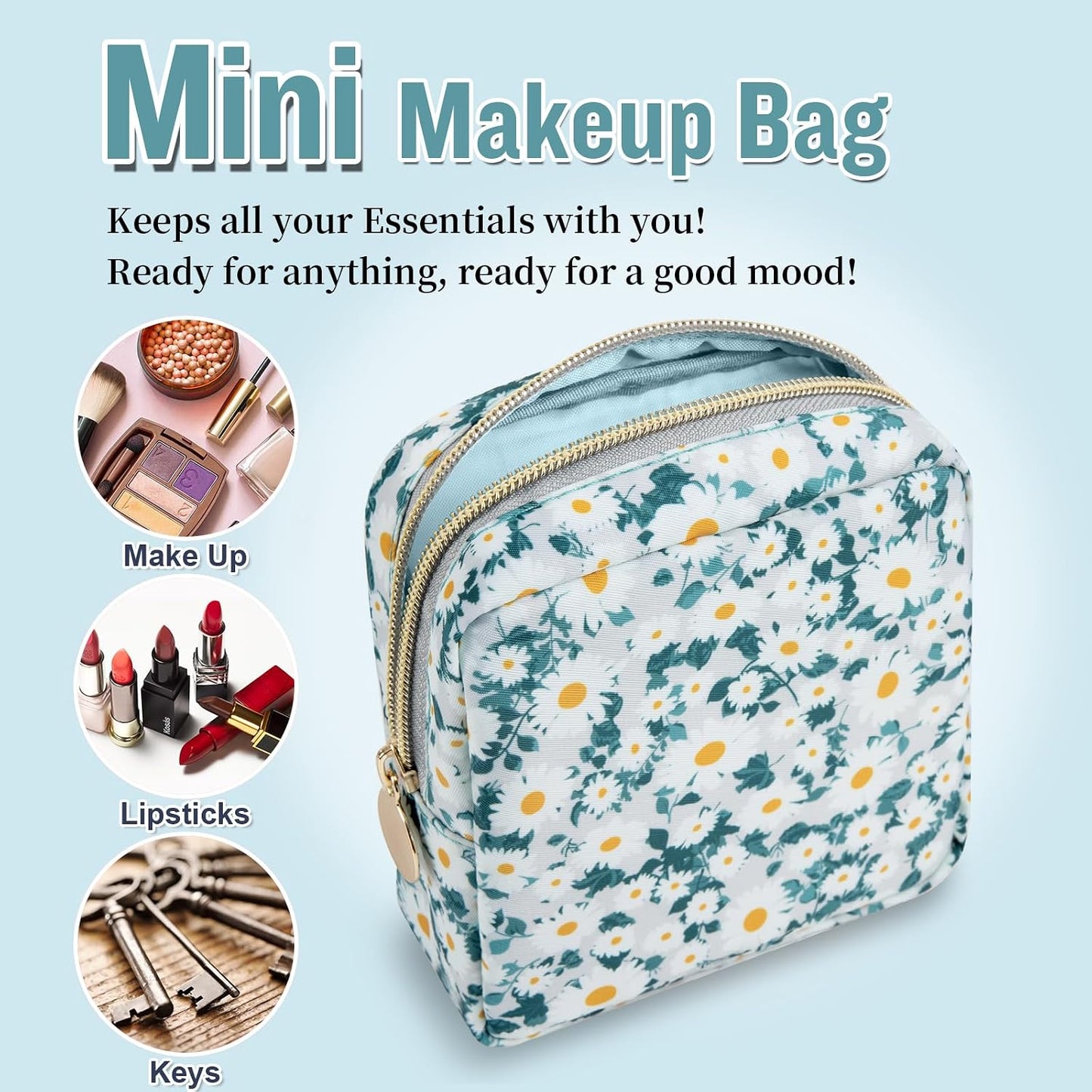 Floral Makeup Bag - Nylon Travel Cosmetic Organizer | Waterproof Zipper Pouch for Women (Green-Daisy)