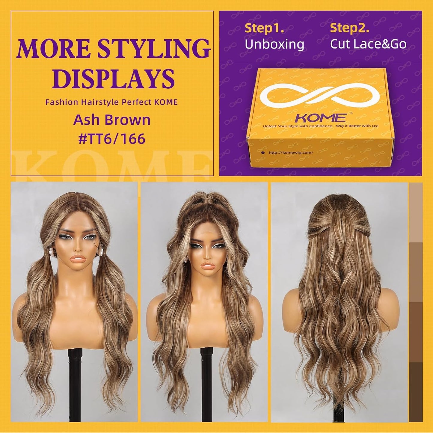 KOME Ash Brown Synthetic Lace Front Wig - T Part Glueless Long Body Wavy Style | 28 Inch with Bangs for Women