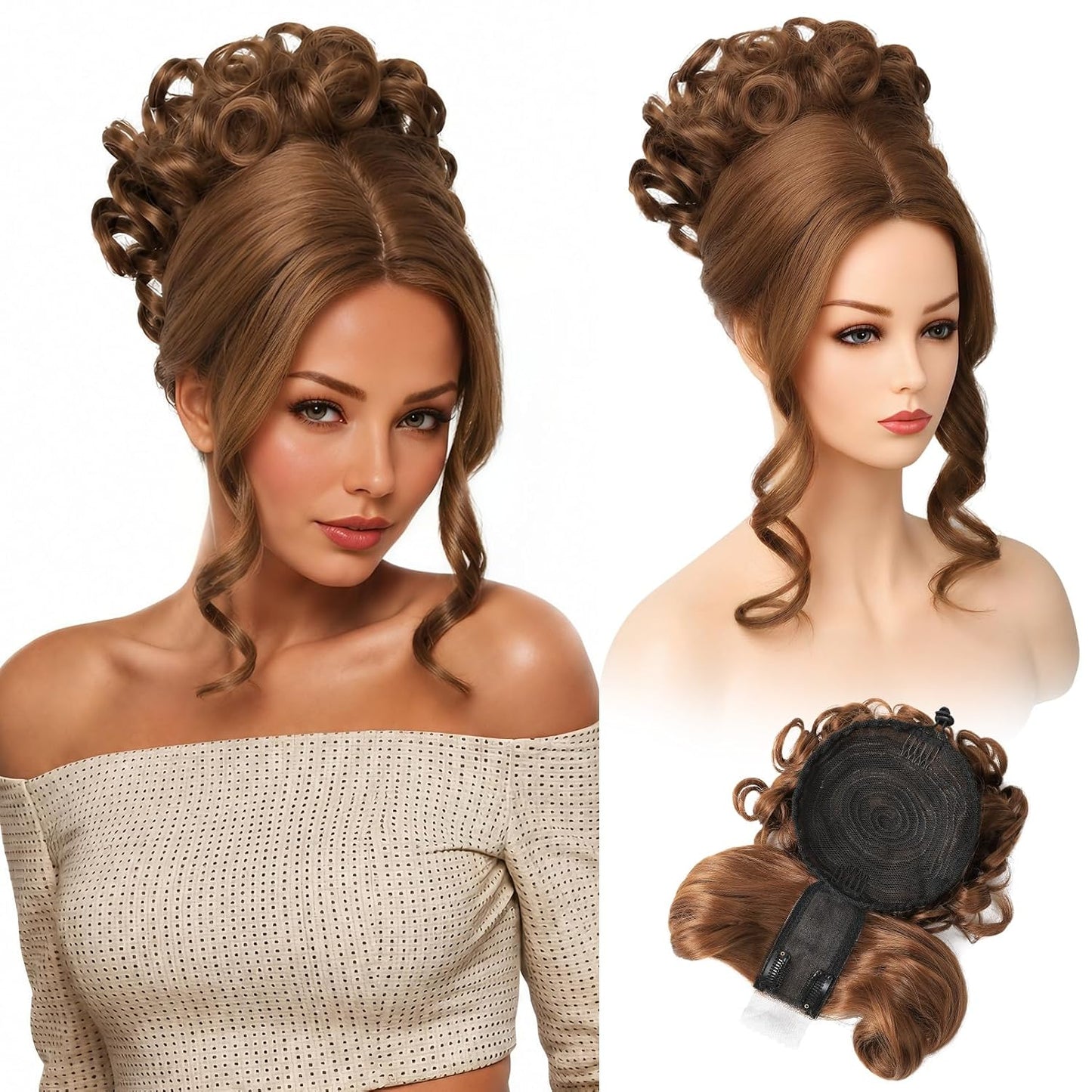 Messy Bun Hair Piece with Bangs - 2-in-1 Curly Updo Wig & Hair Topper | Natural-Looking Drawstring Ponytail Extension in Chocolate Brown