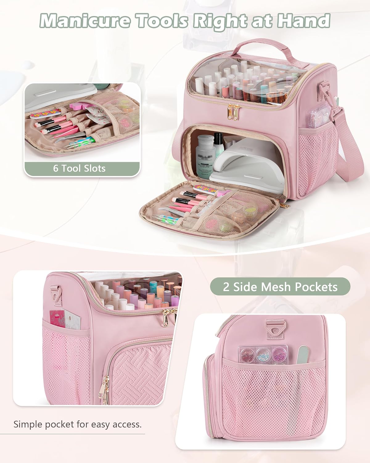 Nail Polish Organizer Bag - Holds 42 Bottles | Double Layer Storage Case for Gel Polish & Tools - Pink