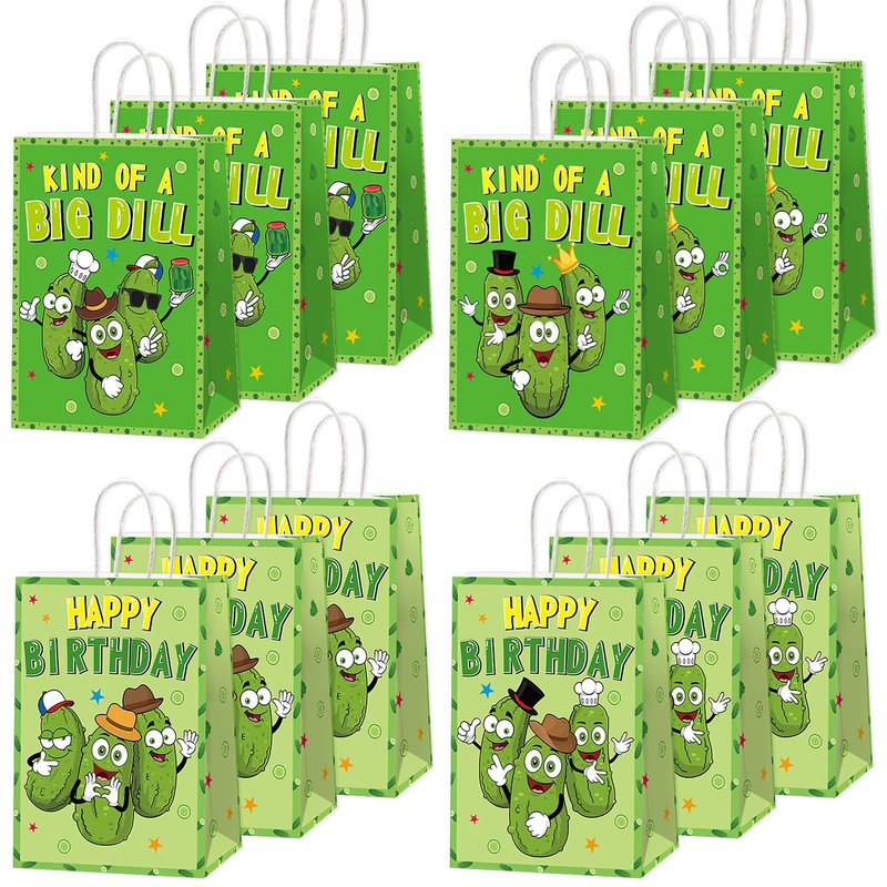 Pickle Party Favor Bags KIND OF A BIG DILL Paper Bags Big Cucumber HAPPY BIRTHDAY Gifts Bag Cute Cartoon Cucumber Wrapping Paper Funny Game Night Party Decorations for Adults Kids Birthday Supplies