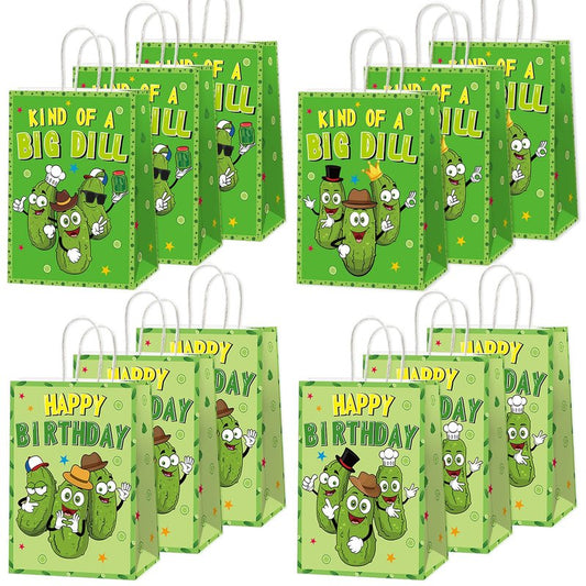 Pickle Party Favor Bags KIND OF A BIG DILL Paper Bags Big Cucumber HAPPY BIRTHDAY Gifts Bag Cute Cartoon Cucumber Wrapping Paper Funny Game Night Party Decorations for Adults Kids Birthday Supplies