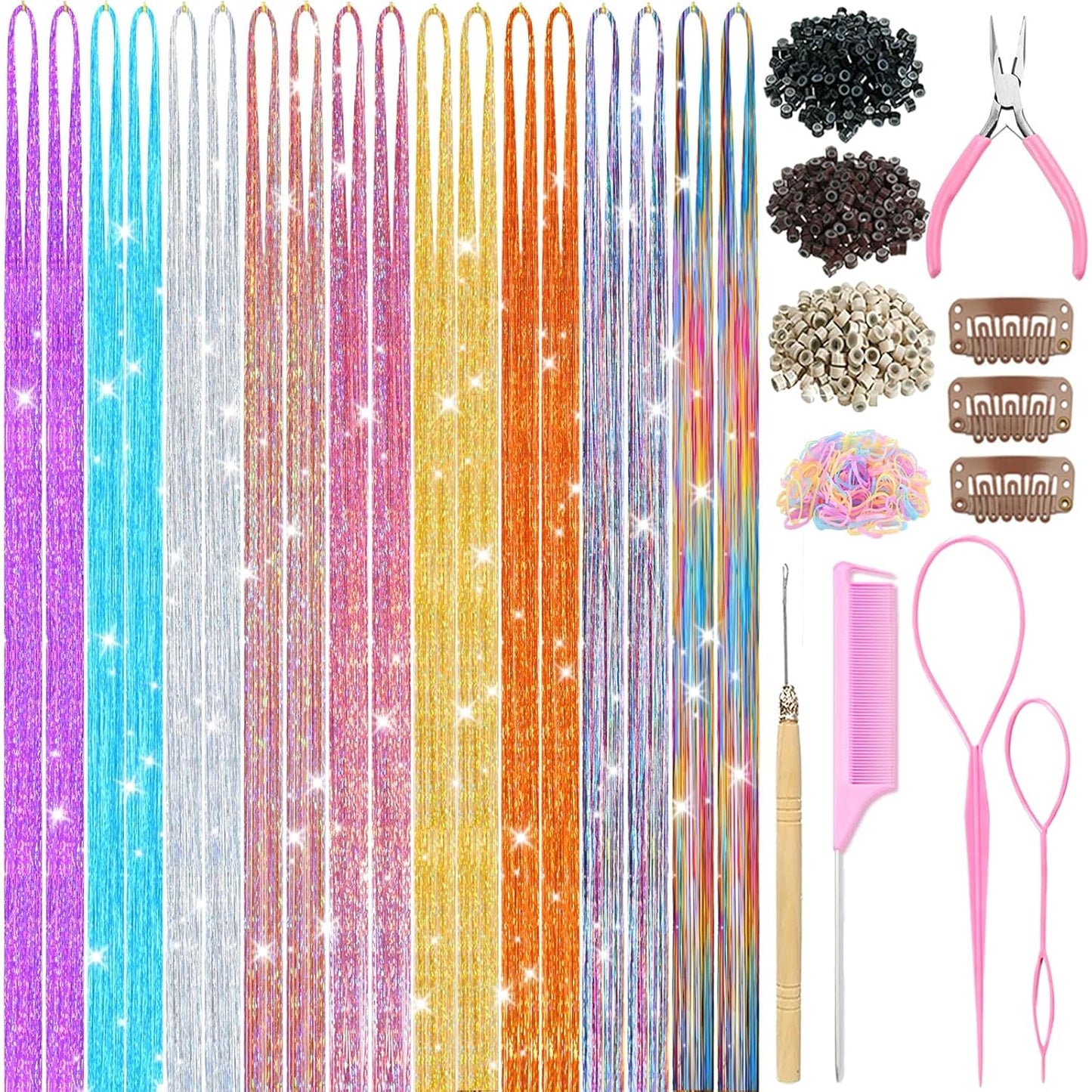 Hair Tinsel Kit - 18 Colors Holographic Hair Extensions | Heat Resistant Fairy Tinsel for Festivals & Parties