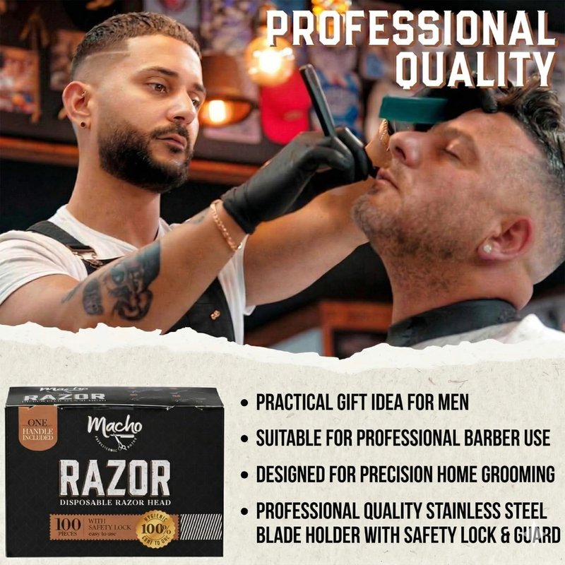 Professional Disposable Straight Razors for Men - Blade Holder with 100 Stainless Steel Razor Blade Heads - Features a Safety Lock & Blade Guard for Barbers, Shaving, and Grooming by Better Barber