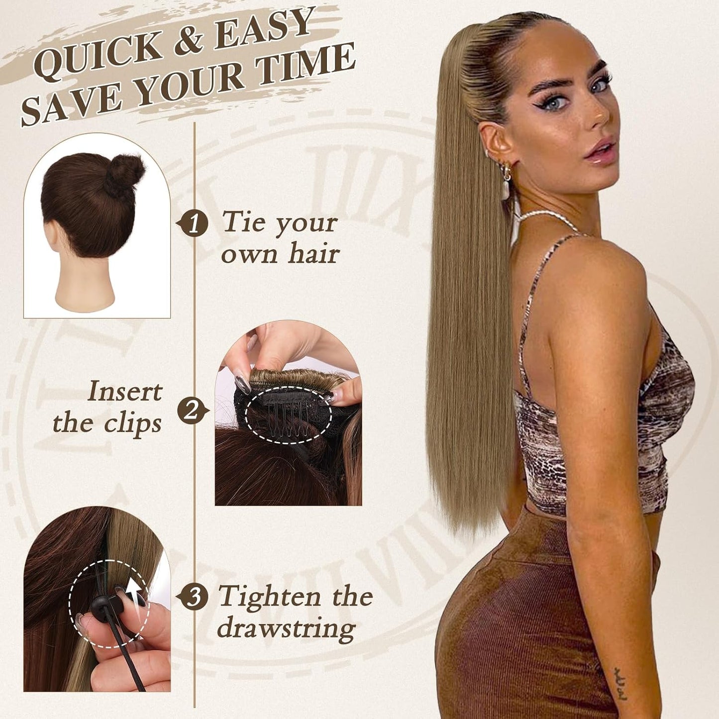 Long Straight Ponytail Extension - 26 Inch Brown Synthetic Clip-In Hairpiece for Women | Light Brown Mixed