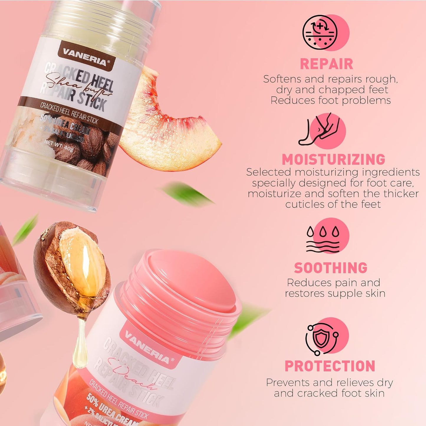 VANERIA 50% Urea Cream Stick - Cracked Heel Repair with 2% Salicylic Acid & Shea Butter | 40g Peach Scent
