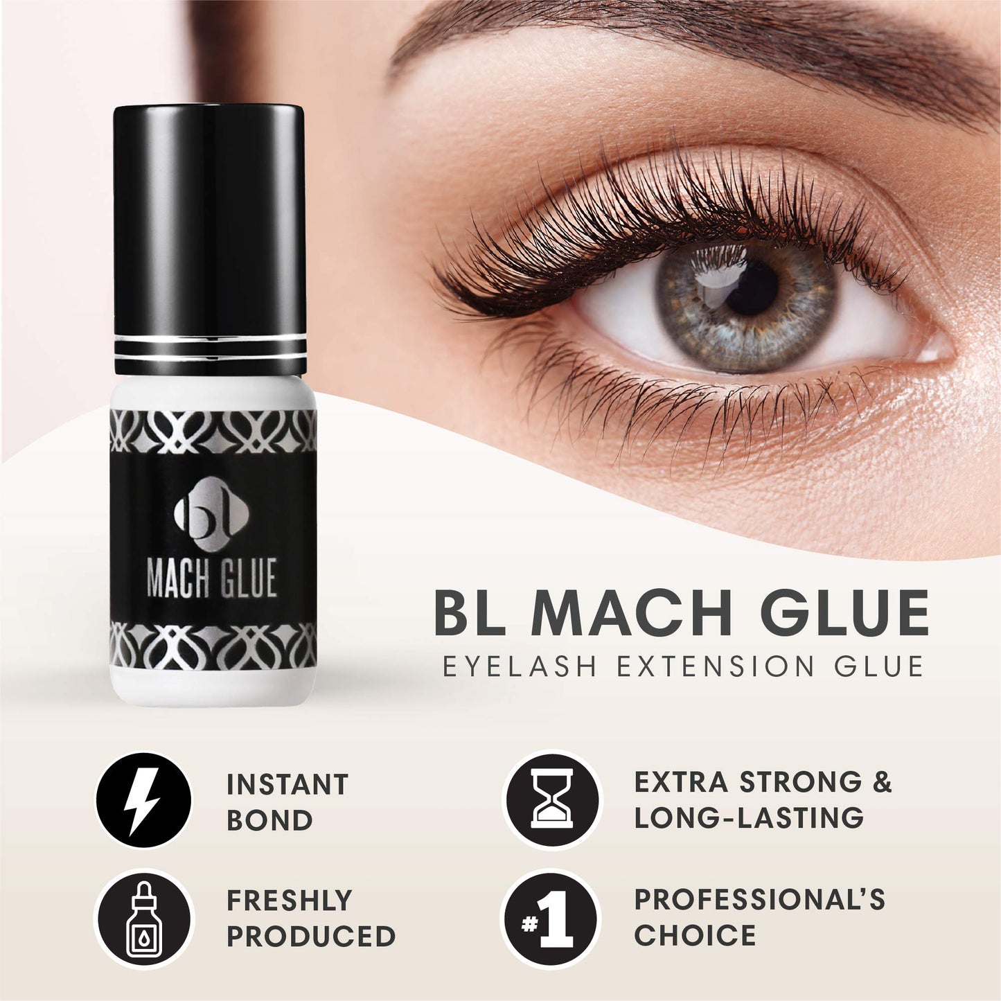 BL Lashes Mach Glue | Lash Glue for Lash Extensions, Quick Drying Within 1-2 Sec, Up to 7 Weeks Long-Lasting Lash Retention, Low Viscosity, Black Adhesive for Professional Supplies (5g)