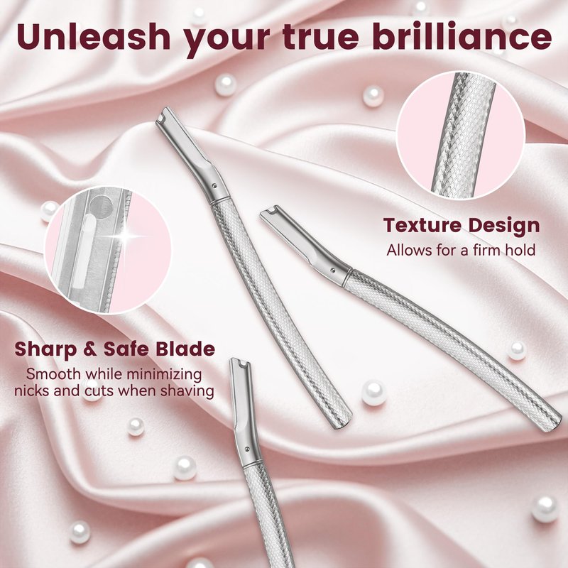 Eyebrow Razor and Face Razor for Women, Reusable Metal Handle with 12 Refill Blades and Protective Silicone Cap, Eyebrow Hair Trimmer - Silver
