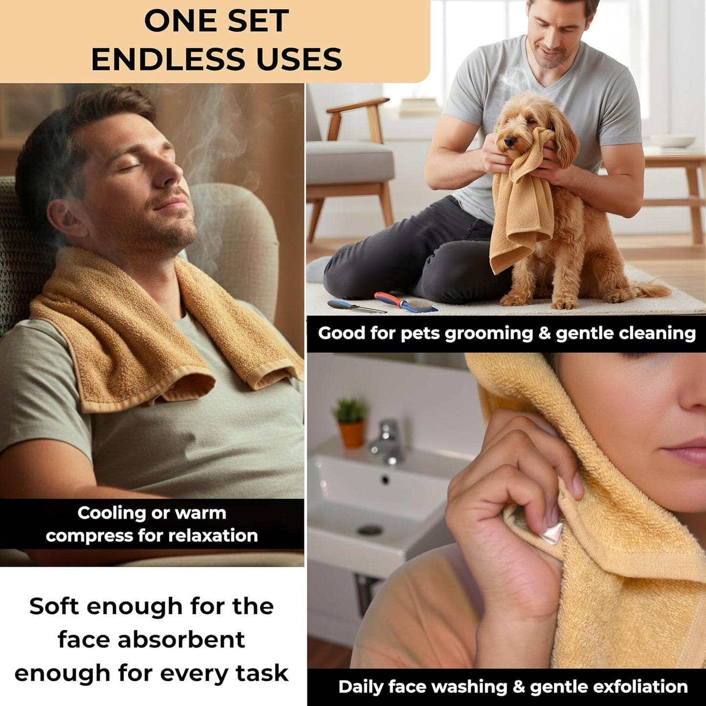 100% Cotton Wash Cloths - Soft Absorbent Shower & Face Towels | 12" x 12" | 6-Pack for Adults & Kids