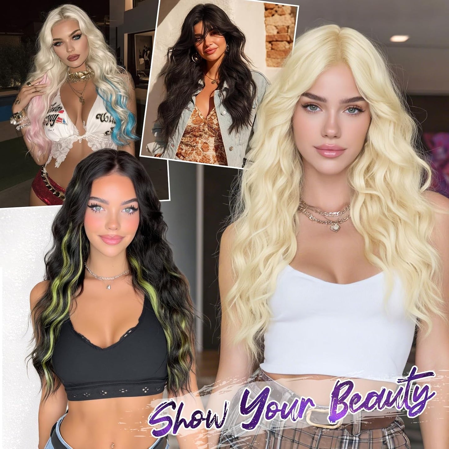 Pink Wigs for Women - Long Wavy Synthetic Hair Wig with Curtain Bangs | 26 Inch Natural Look for Daily Wear & Cosplay