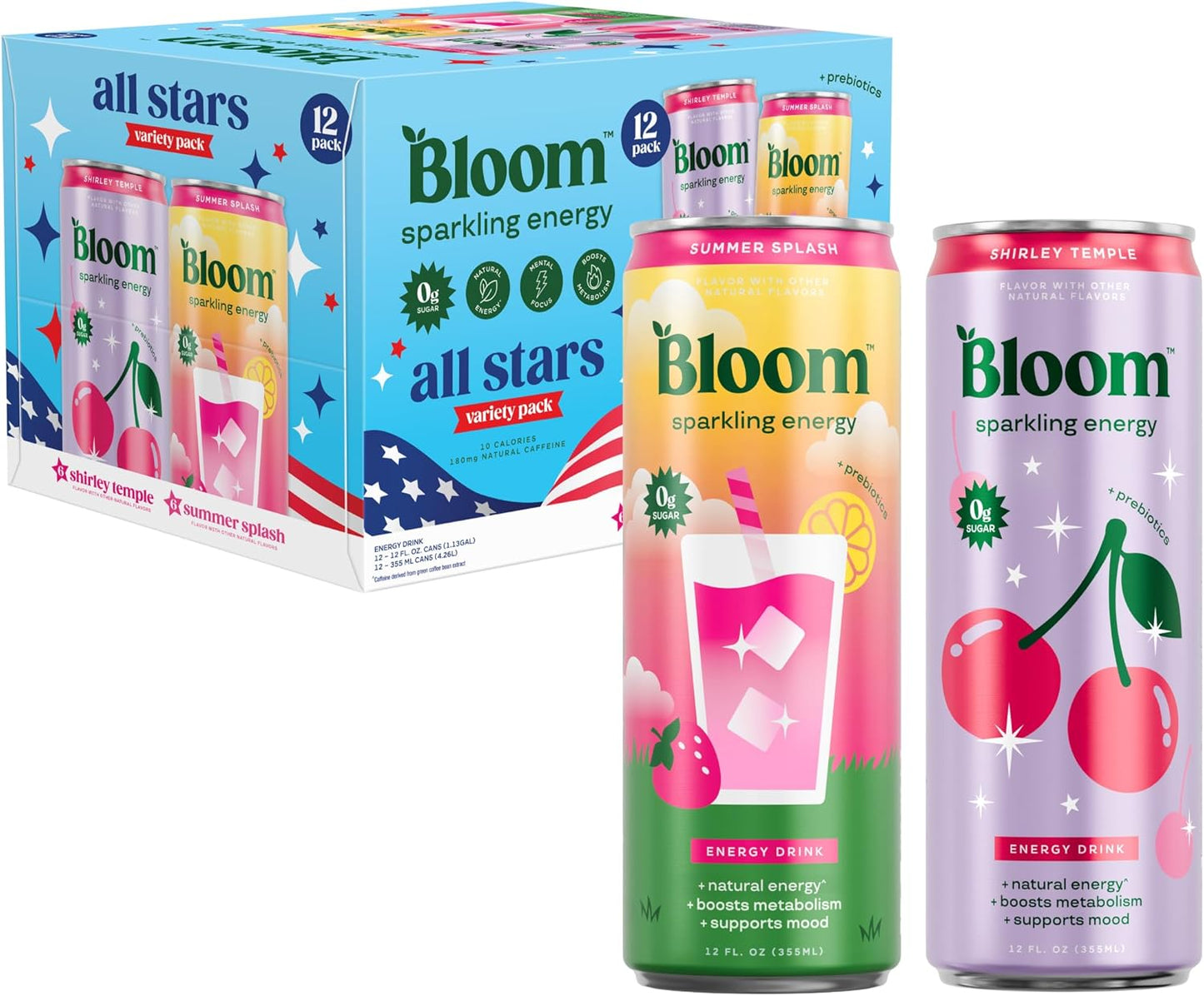 Sparkling Energy Drink Variety Pack - Natural Caffeine, Zero Sugar, 180mg - Antioxidant-Rich, Prebiotics | 12oz, 12 Pack