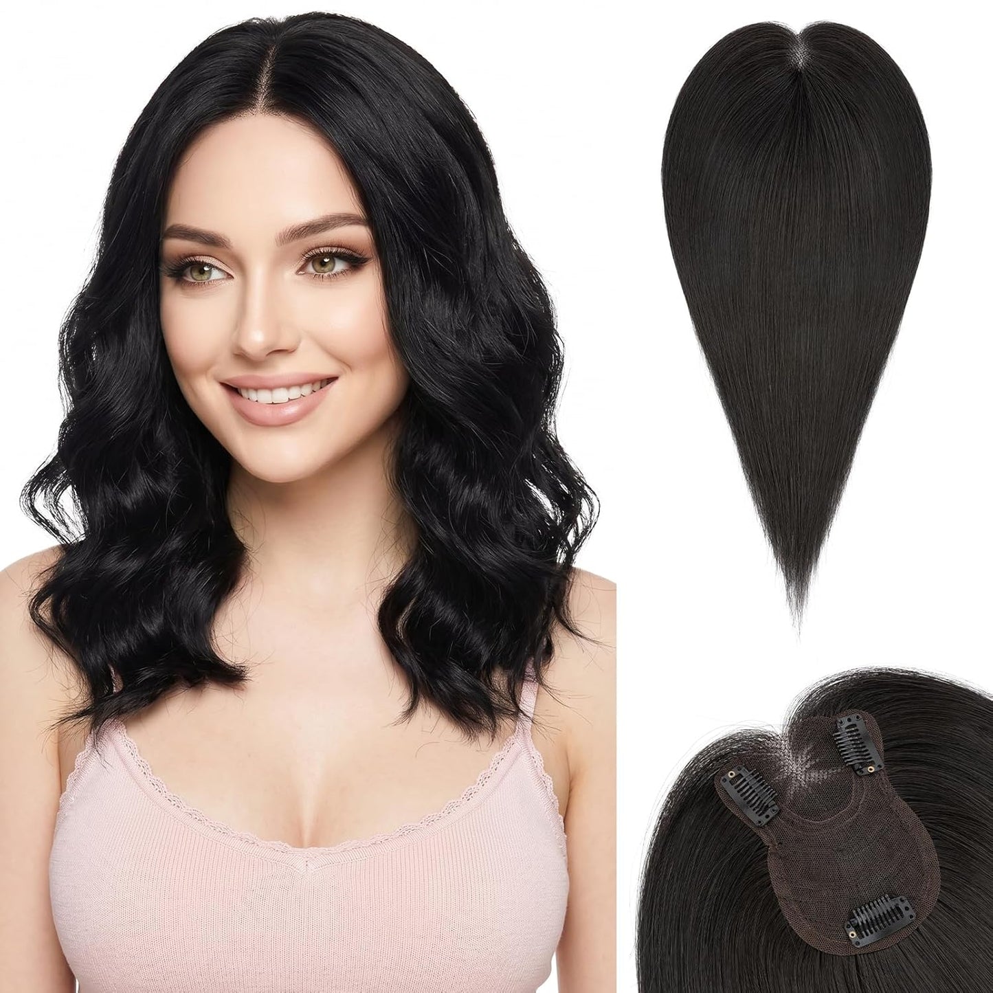 **Hair Toppers for Women - Real Human Hair with Curtain Bangs | 10-Inch Lace Base Clip-In Piece - #02 Dark Brown**