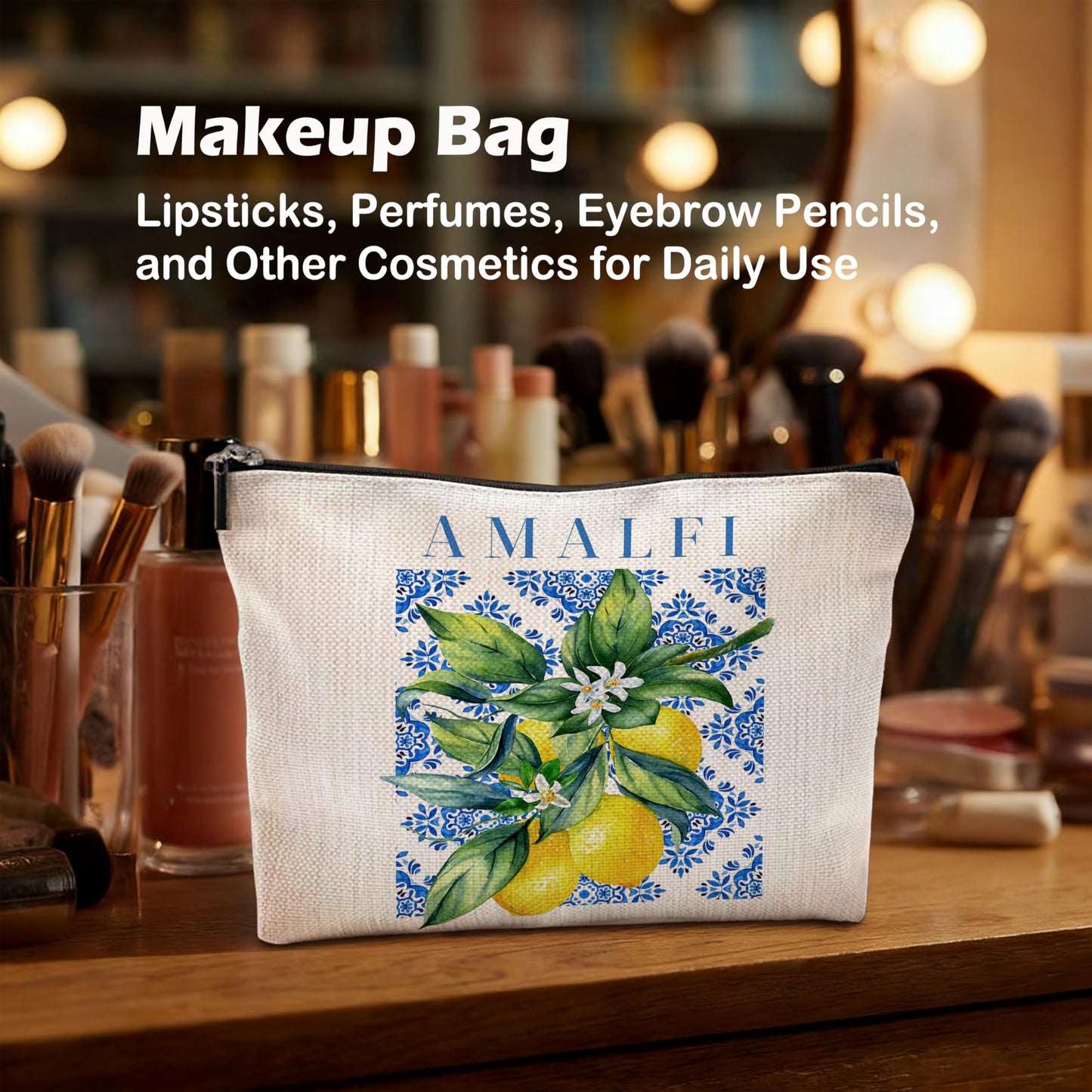 Yomisex Italian Amalfi Coast Lemon Makeup Bag, Blue and White Floral Cosmetic Bags Toiletry Bag for Women, Italian Themed Gifts, Mediterranean Tiles Lemon Tree Makeup Pouch