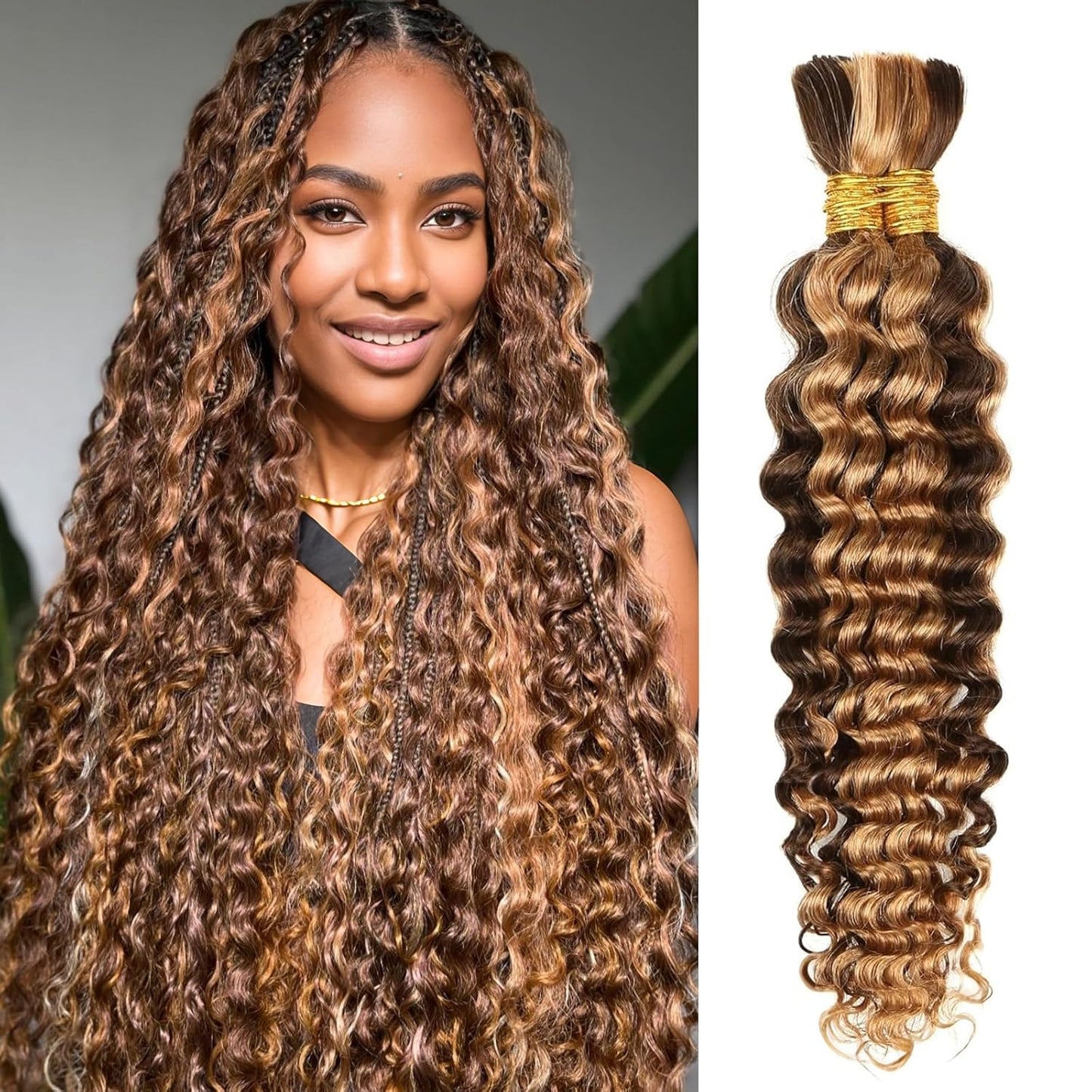 Human Braiding Hair - 14 Inch Ombre Highlight Deep Wave Bulk Extensions | Curly Bundles for Knotless Braids (4/27)