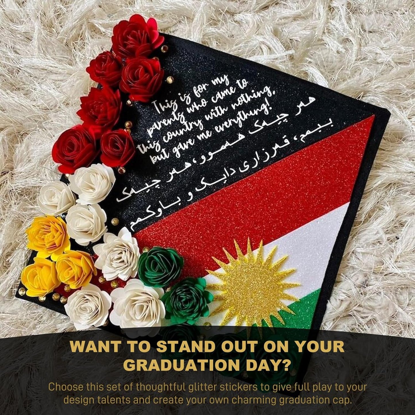 Graduation Cap Decorations Kit - 12 Pcs Glitter Cardstock & 4 Pcs Gemstone Stickers | DIY Grad Cap Toppers