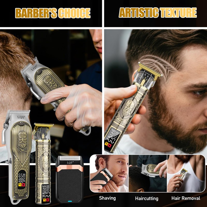 LQT Cordless Hair Clippers Set for Men, Professional Hair and Beard Trimmer Kit with LED Display, Foil Shaver, Powerful Motor, Multiple Combs, Bronze, Grooming Gift for Him, Home and Salon,Barber Kit
