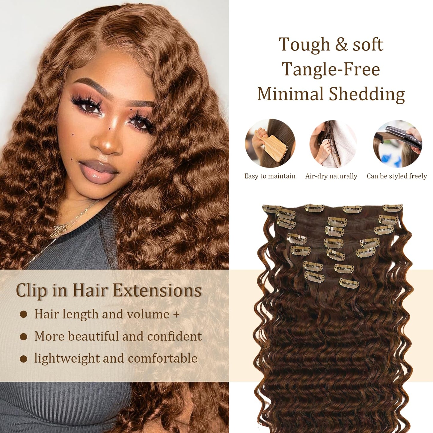 #30 Brown Clip in Hair Extensions Real Human Hair, 26 Inch 120g/7Pcs,Full Shine Remy Human Hair,Light Brown Deep Wave Clip ins Brazilian Virgin Human Hair Extensions