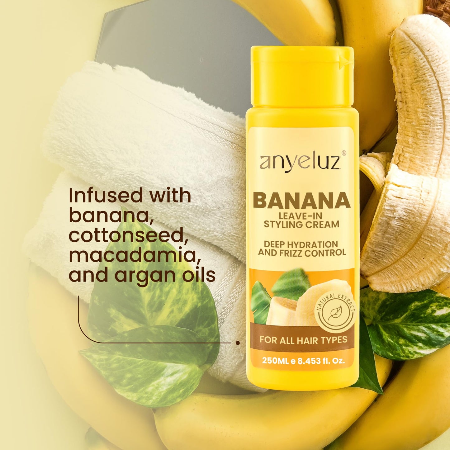 ANYELUZ Banana Leave-In Styling Cream - Leave-In Conditioner for Frizz Control and Shine, Strengthens and Smooths Hair
