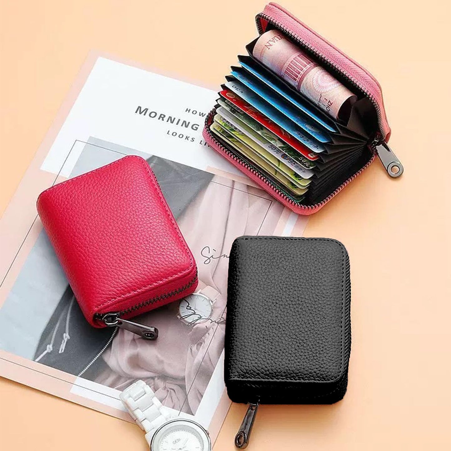 RFID Credit Card Holder Wallet with 9 Card Slots and 2 Cash Compartments, Compact Zipper Wallet for Men and Women, Leather RFID Blocking Card Organizer for Travel and Daily Use Black