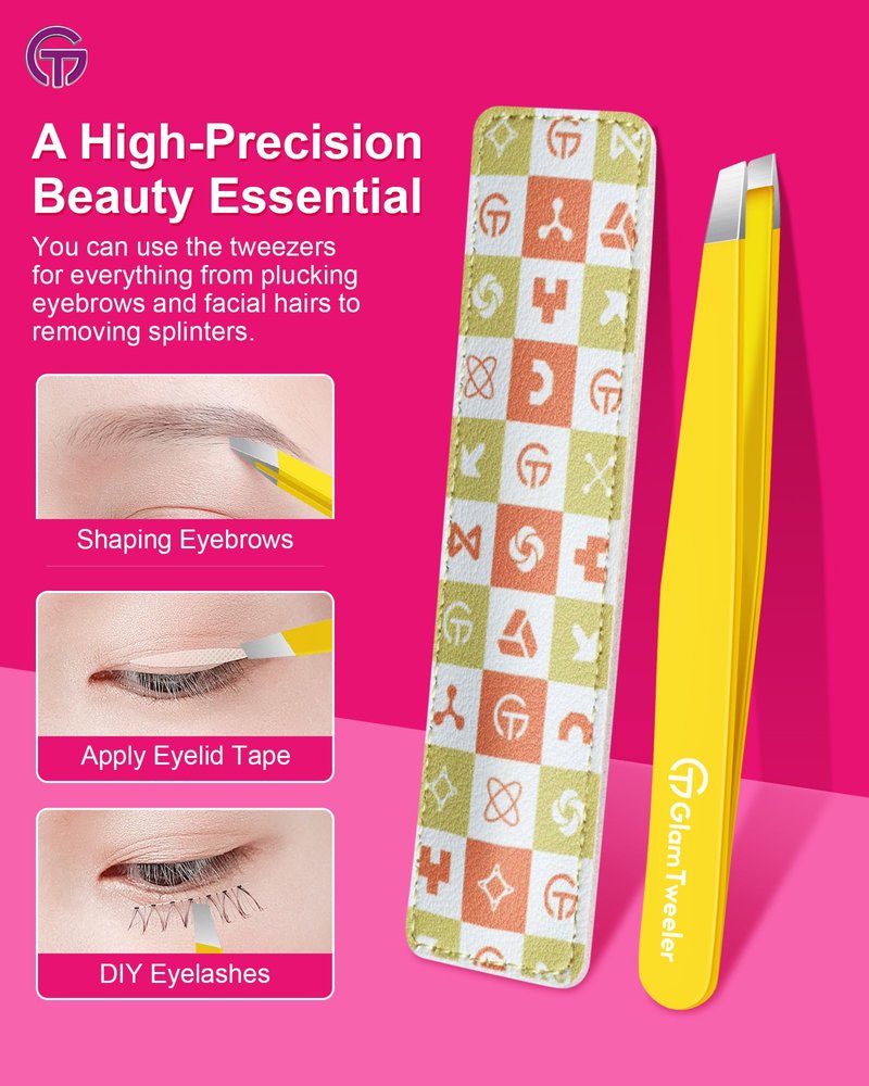 Expert Eyebrow Hair Removal Tweezer with Leather Case, GlamTweeler High Precision Slant Tip Stainless Steel Tweezers for Men and Women (Chartreuse Yellow)