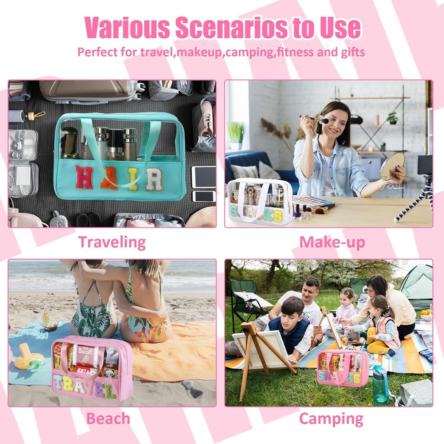Chenille Letter Patch Clear Travel Bag - Waterproof PVC & Nylon Makeup Organizer | Large Size for Women & Girls