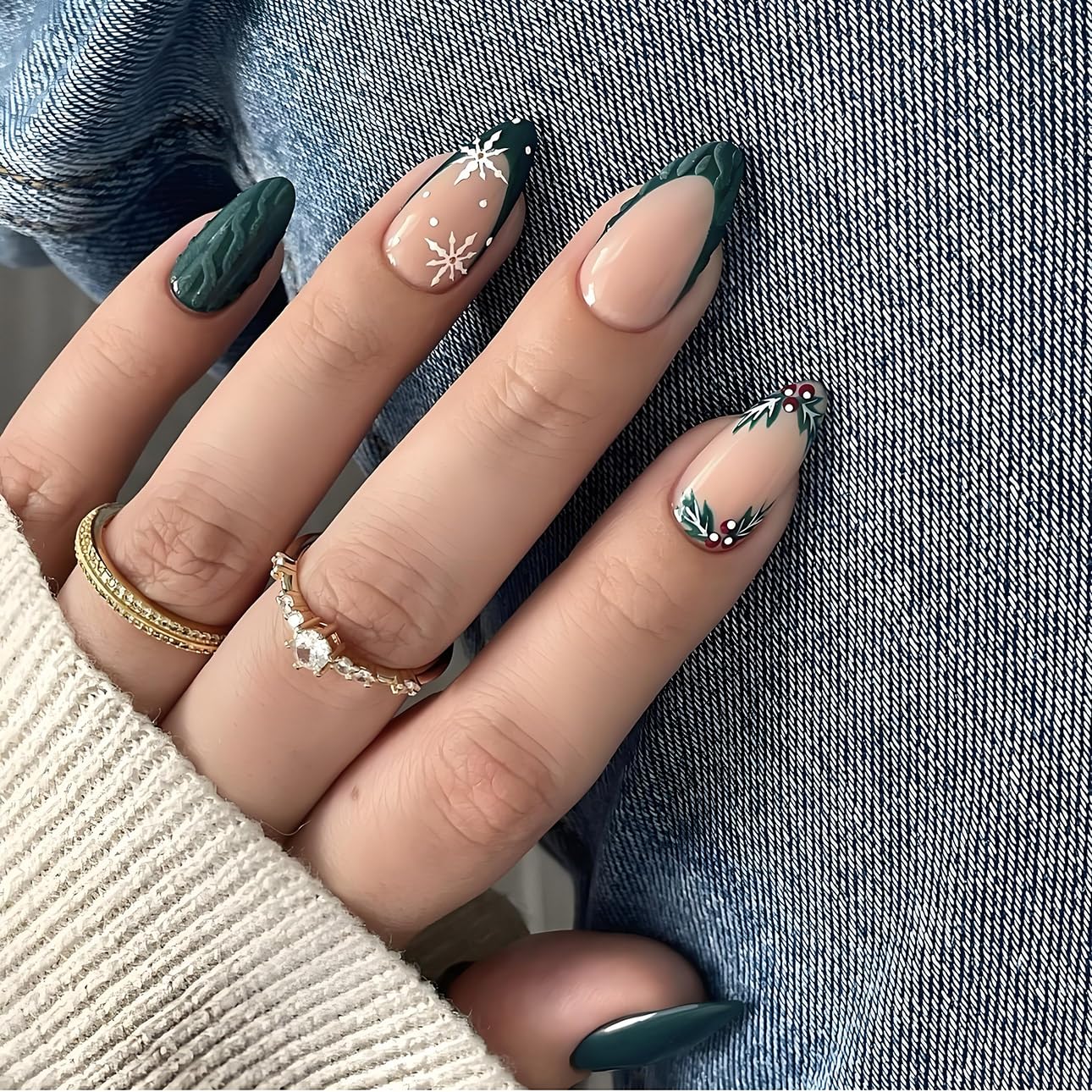 Red French Tip Press-On Nails - Almond Shape with 3D Crystal Designs | 24 Pcs Reusable Nail Kit for Manicure