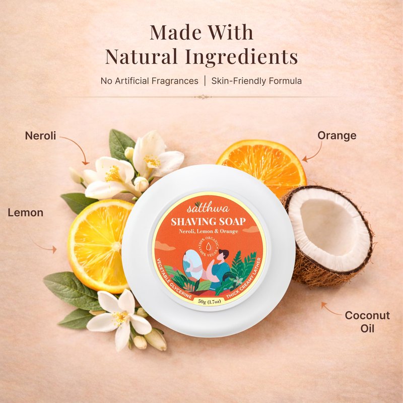Satthwa Organic Shaving Soap Puck infused with Neroli, Lemon & Orange | Create the Perfect Lather | Excellent for Silky Smooth Shaves | Hydrates and Shields, 50g (1.7oz)