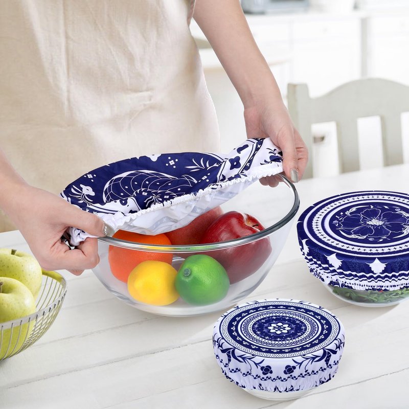 Revahope 5 Pieces Bowl Covers Reusable, 5 Multi-Size Elastic Cloth Fabric Bowl Covers for Bread Proofing Stretch Food Covers Washable for Food Fruits Leftover (Blue)