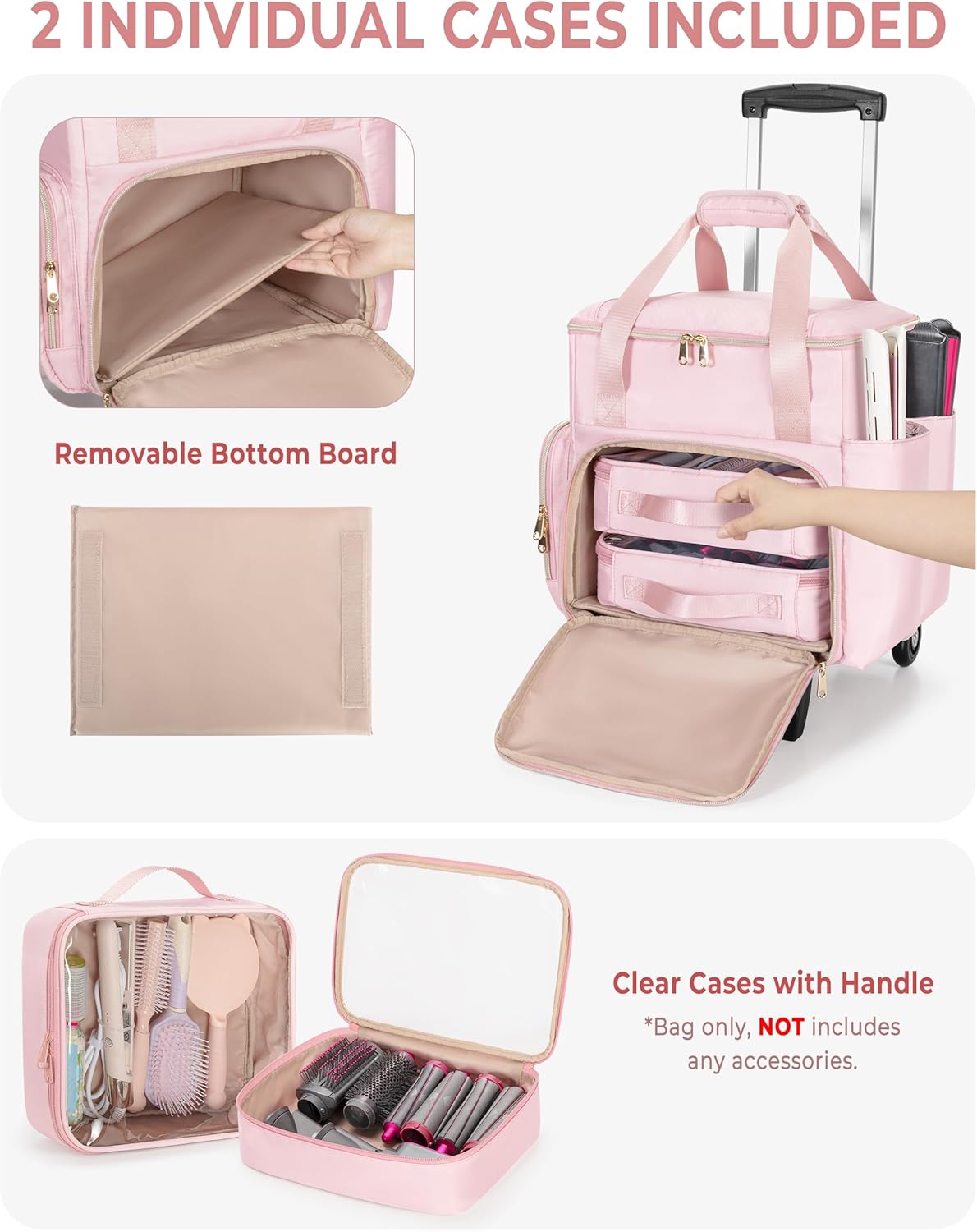 Rolling Hairstylist Travel Bag - Hair Tool Bag with 2 Pouches & Heat Insulation | Pink